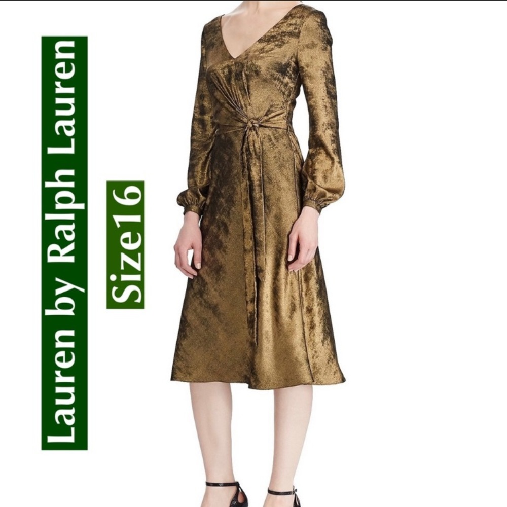 🆕Lauren Ralph Lauren Gold FauxWrap  Dress Sz 16